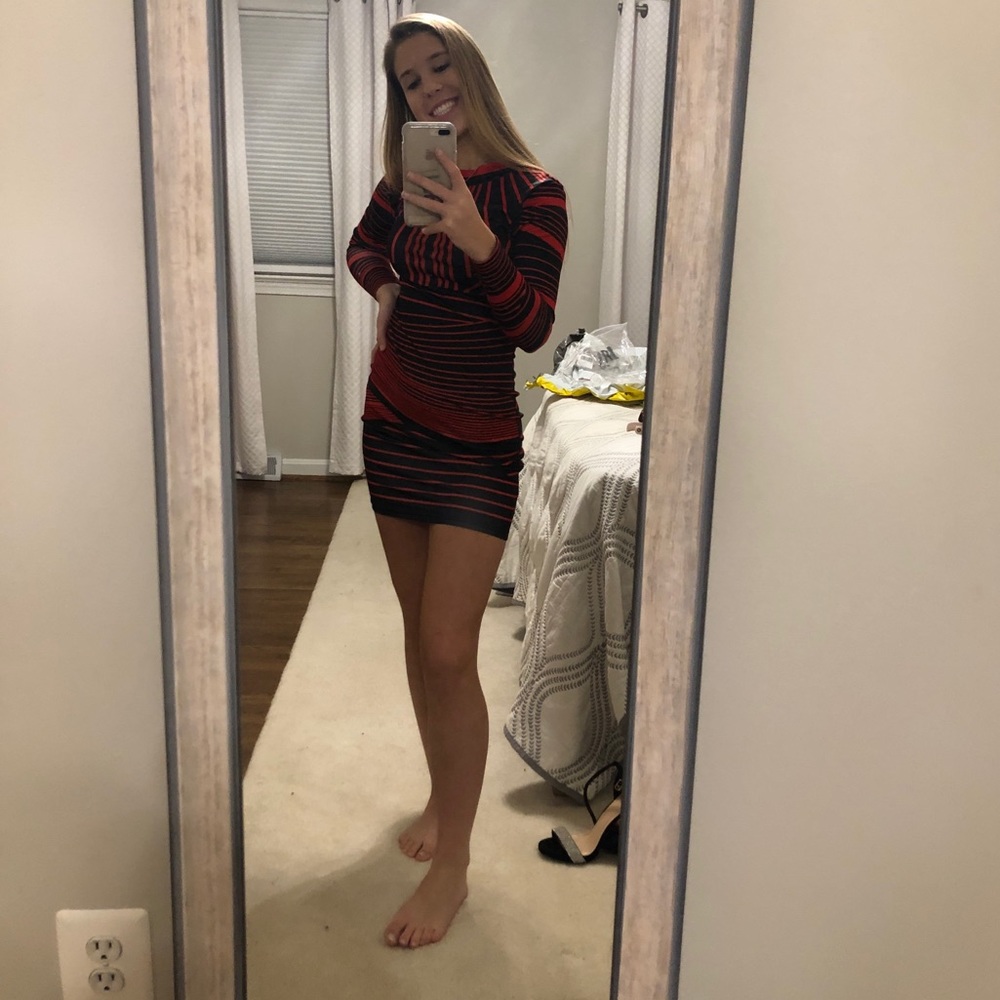 Geometric Striped Red and Black Bodycon Dress